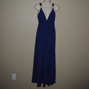 Sz M Trina Turk Navy Deep V Neck Low Back Sleeveless Maxi Dress